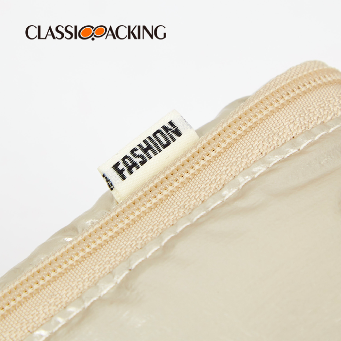square cosmetic case fabric label closeup